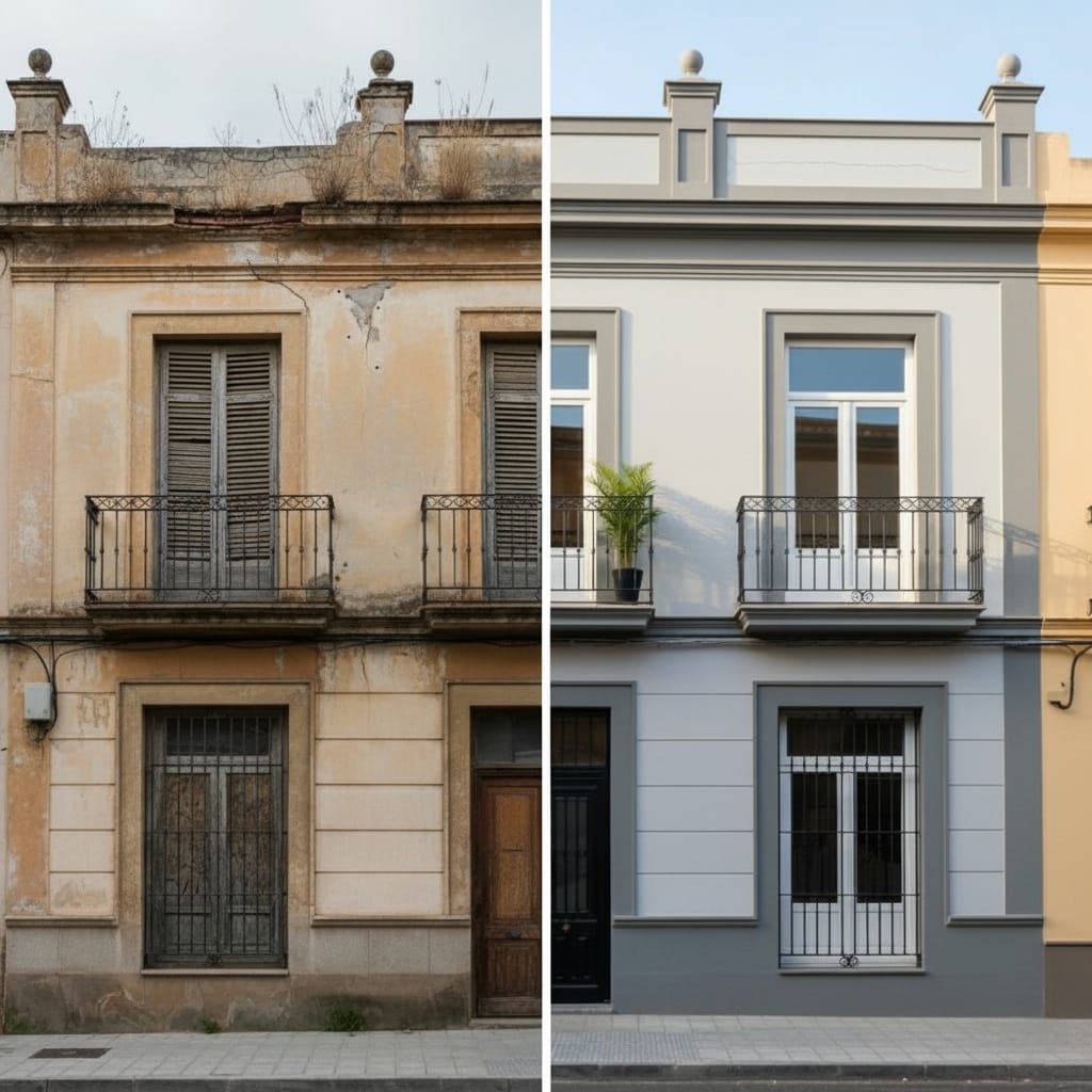 Montaje visual que muestra la alta rentabilidad de la inversión inmobiliaria con Patrimonity y el resultado de una fachada rehabilitada
