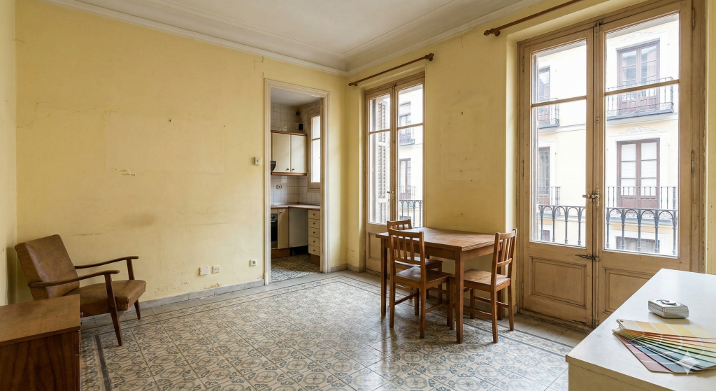 Montaje visual que muestra la alta rentabilidad de la inversión inmobiliaria con Patrimonity y el resultado de un comedor rehabilitado en murcia